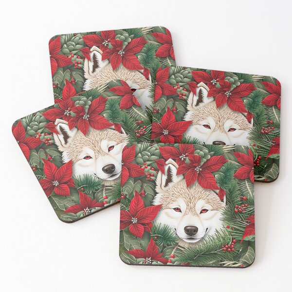Item preview, Christmas Throw Pillow of a “Holiday Husky” amongst wintery pines, pretty poinsettias and a pop of red cranberries designed and sold by SandedollArt.