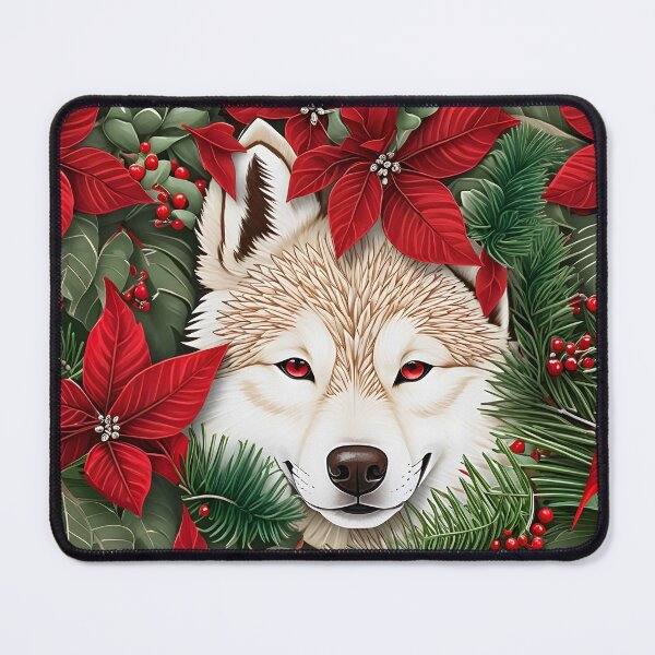 Item preview, Christmas Throw Pillow of a “Holiday Husky” amongst wintery pines, pretty poinsettias and a pop of red cranberries designed and sold by SandedollArt.
