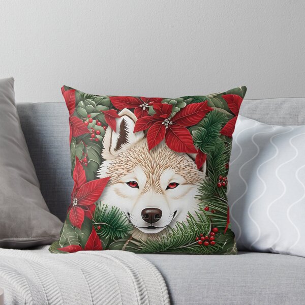 Item preview, Christmas Throw Pillow of a “Holiday Husky” amongst wintery pines, pretty poinsettias and a pop of red cranberries designed and sold by SandedollArt.