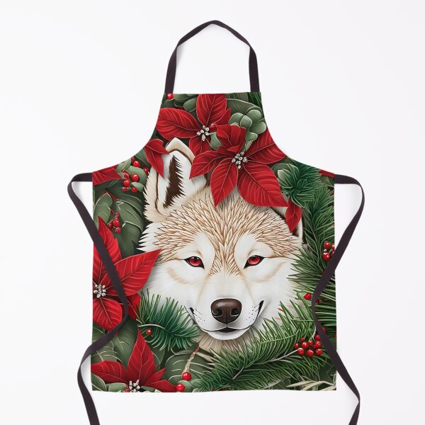 Item preview, Christmas Throw Pillow of a “Holiday Husky” amongst wintery pines, pretty poinsettias and a pop of red cranberries designed and sold by SandedollArt.