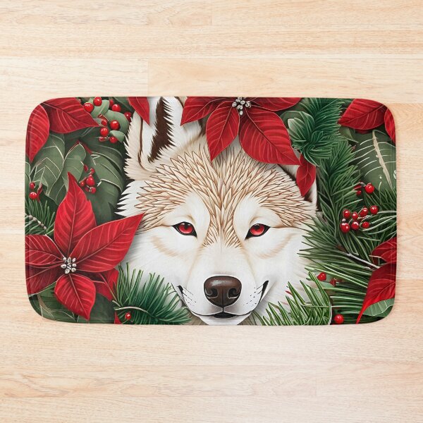 Item preview, Christmas Throw Pillow of a “Holiday Husky” amongst wintery pines, pretty poinsettias and a pop of red cranberries designed and sold by SandedollArt.