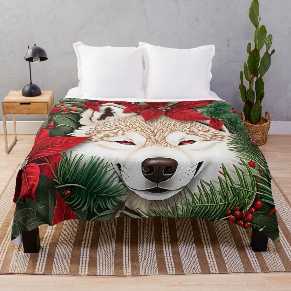 Item preview, Christmas Throw Pillow of a “Holiday Husky” amongst wintery pines, pretty poinsettias and a pop of red cranberries designed and sold by SandedollArt.