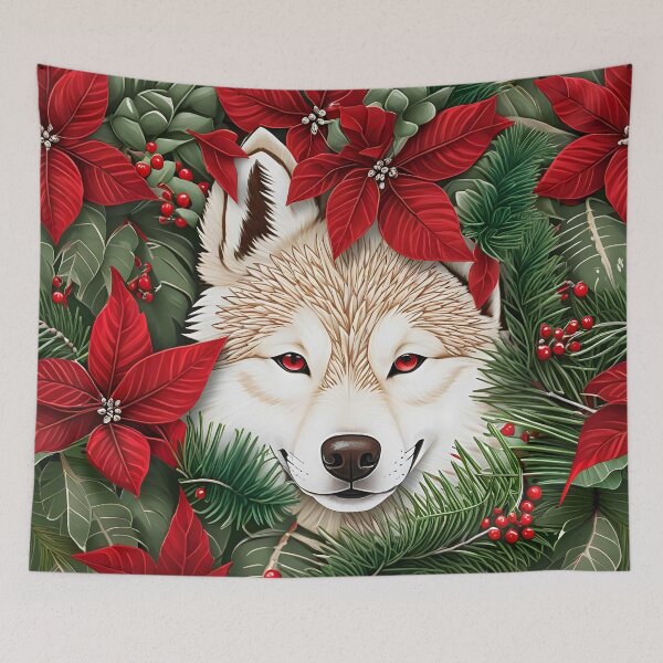 Item preview, Christmas Throw Pillow of a “Holiday Husky” amongst wintery pines, pretty poinsettias and a pop of red cranberries designed and sold by SandedollArt.