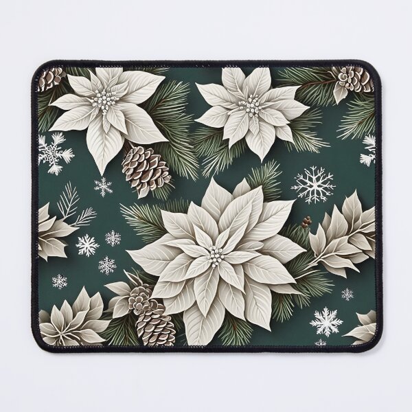 Item preview, Christmas Throw Pillow in the “Poinsettias & Pinecones” pattern of greens, white and prickly pewter pinecones designed and sold by SandedollArt.
