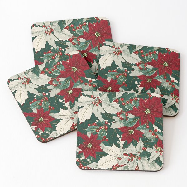 Item preview, Christmas Throw Pillow in the “Poinsettia Paradise” pattern of deep reds, soft whites and gorgeous greens  designed and sold by SandedollArt.