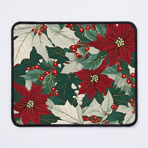 Item preview, Christmas Throw Pillow in the “Poinsettia Paradise” pattern of deep reds, soft whites and gorgeous greens designed and sold by SandedollArt.