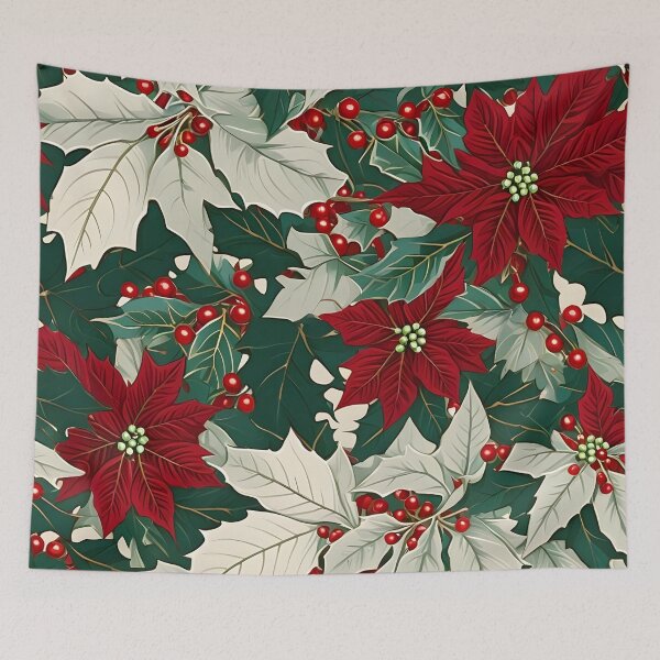 Item preview, Christmas Throw Pillow in the “Poinsettia Paradise” pattern of deep reds, soft whites and gorgeous greens  designed and sold by SandedollArt.