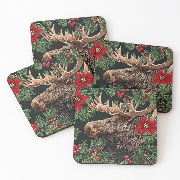 Item preview, Premium Throw Pillow of a “Merry Moose” amongst wintery pines and pretty poinsettias designed and sold by SandedollArt.