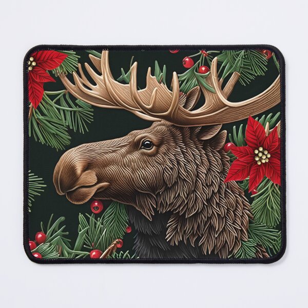 Item preview, Premium Throw Pillow of a “Merry Moose” amongst wintery pines and pretty poinsettias designed and sold by SandedollArt.