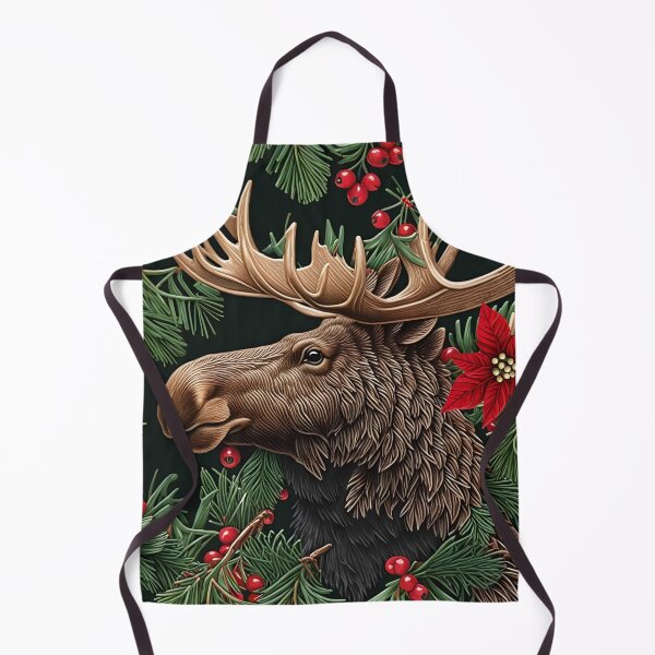Item preview, Premium Throw Pillow of a “Merry Moose” amongst wintery pines and pretty poinsettias designed and sold by SandedollArt.