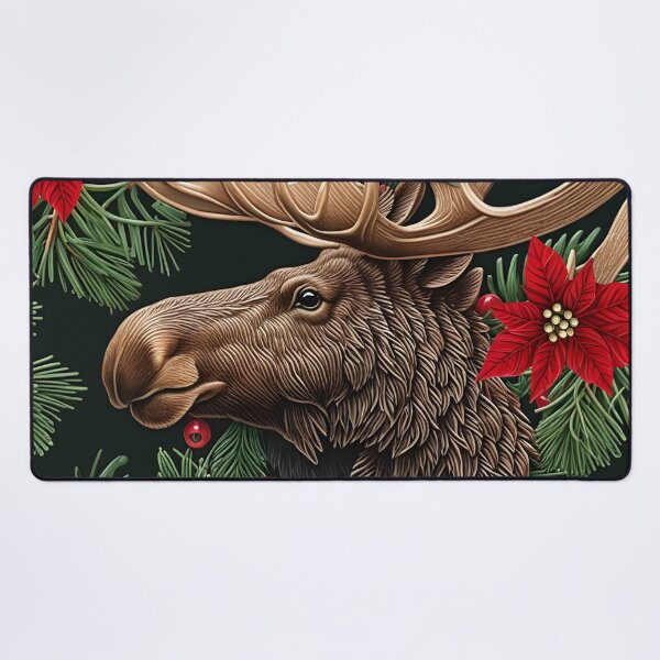 Item preview, Premium Throw Pillow of a “Merry Moose” amongst wintery pines and pretty poinsettias designed and sold by SandedollArt.