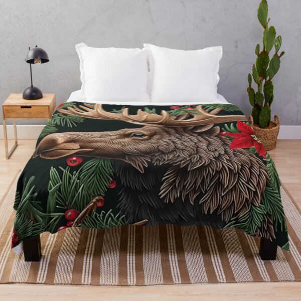Item preview, Premium Throw Pillow of a “Merry Moose” amongst wintery pines and pretty poinsettias designed and sold by SandedollArt.