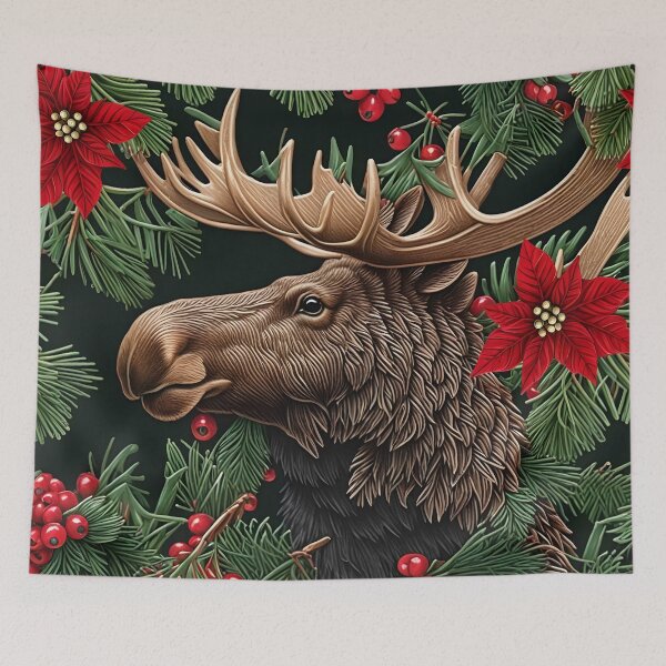 Item preview, Premium Throw Pillow of a “Merry Moose” amongst wintery pines and pretty poinsettias designed and sold by SandedollArt.