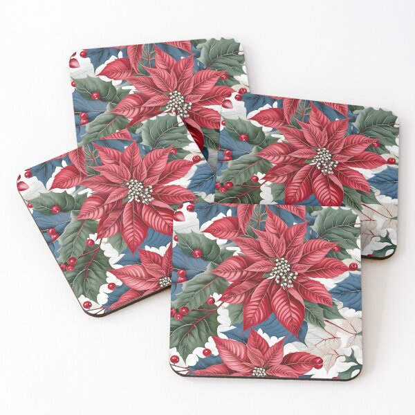 Item preview, Christmas Throw Pillow with the “Merry and Bright” pattern of bold red poinsettias with a touch of white, blue and green foliage designed and sold by SandedollArt.
