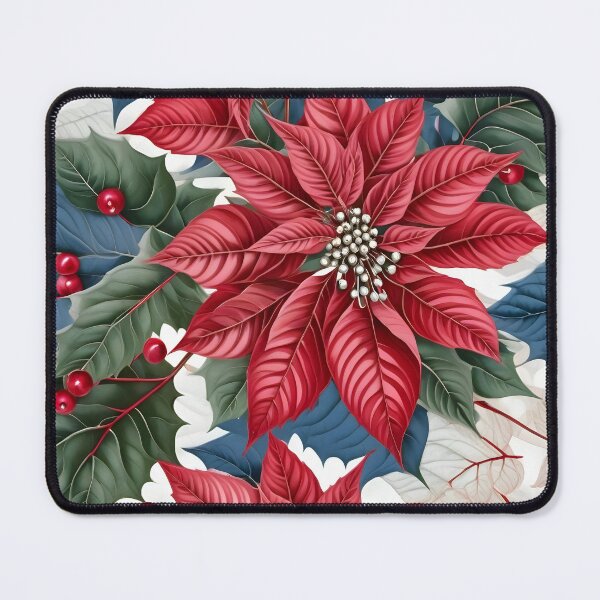 Item preview, Christmas Throw Pillow with the “Merry and Bright” pattern of bold red poinsettias with a touch of white, blue and green foliage designed and sold by SandedollArt.
