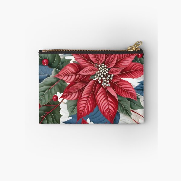 Item preview, Christmas Throw Pillow with the “Merry and Bright” pattern of bold red poinsettias with a touch of white, blue and green foliage designed and sold by SandedollArt.