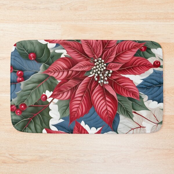 Item preview, Christmas Throw Pillow with the “Merry and Bright” pattern of bold red poinsettias with a touch of white, blue and green foliage designed and sold by SandedollArt.