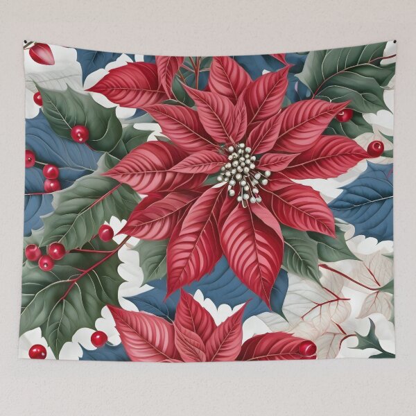 Item preview, Christmas Throw Pillow with the “Merry and Bright” pattern of bold red poinsettias with a touch of white, blue and green foliage designed and sold by SandedollArt.