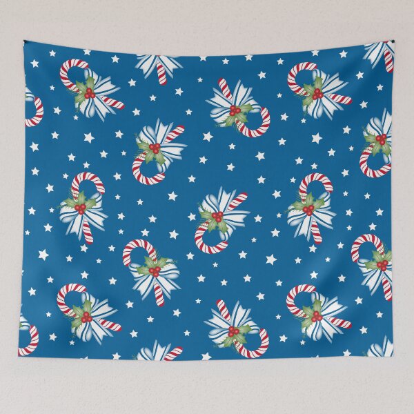 Item preview, Christmas Throw Pillow with the “Candy Cane Carousel” pattern of red and white candy canes on a bold blue background designed and sold by SandedollArt.