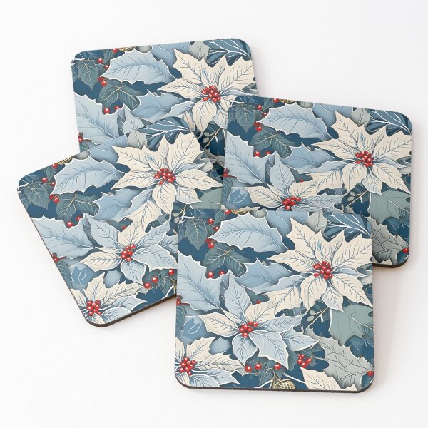 Item preview, Christmas Throw Pillow with the “Blue Christmas” pattern of blue and white poinsettias designed and sold by SandedollArt.