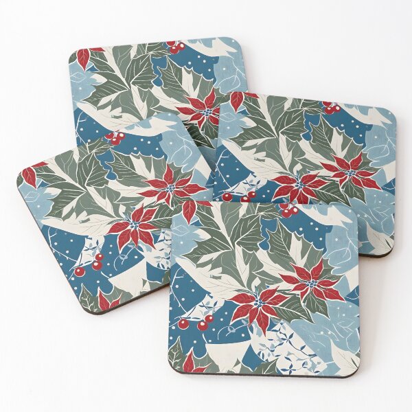 Item preview, Premium Throw Pillow in the vintage-inspired “Let It Snow” pattern of blues and greens and pops of red designed and sold by SandedollArt.