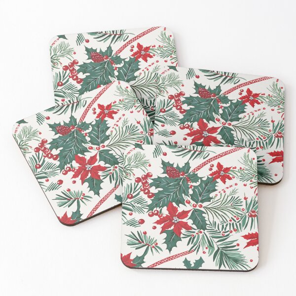 Item preview, Christmas Throw Pillow with a vintage-inspired “Classic Christmas” pattern of red poinsettias, green foliage and holiday holly on a winter white background designed and sold by SandedollArt.