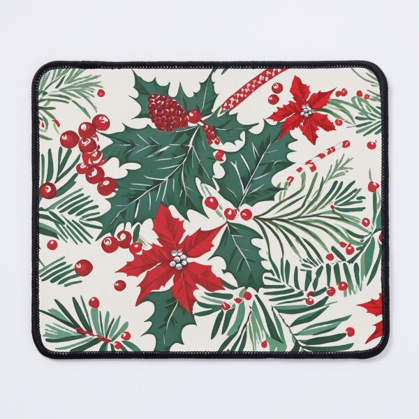 Item preview, Christmas Throw Pillow with a vintage-inspired “Classic Christmas” pattern of red poinsettias, green foliage and holiday holly on a winter white background designed and sold by SandedollArt.