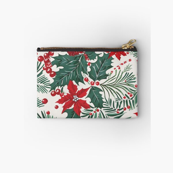 Item preview, Christmas Throw Pillow with a vintage-inspired “Classic Christmas” pattern of red poinsettias, green foliage and holiday holly on a winter white background designed and sold by SandedollArt.
