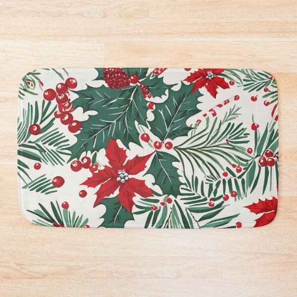 Item preview, Christmas Throw Pillow with a vintage-inspired “Classic Christmas” pattern of red poinsettias, green foliage and holiday holly on a winter white background designed and sold by SandedollArt.