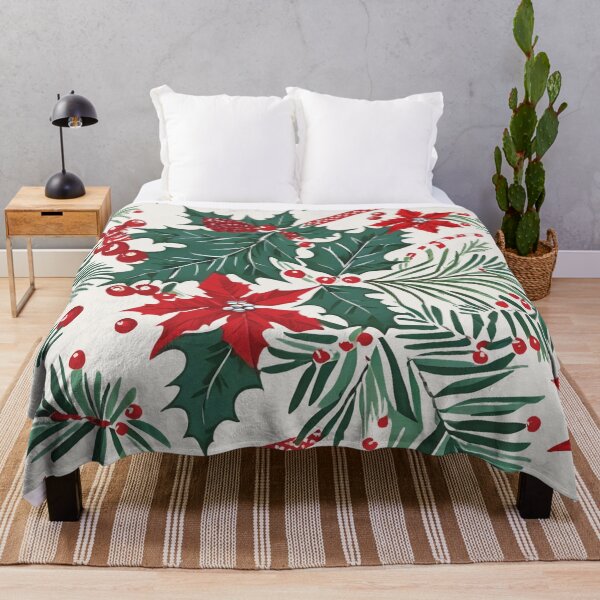Item preview, Christmas Throw Pillow with a vintage-inspired “Classic Christmas” pattern of red poinsettias, green foliage and holiday holly on a winter white background designed and sold by SandedollArt.