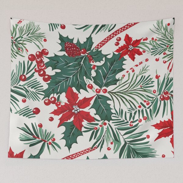 Item preview, Christmas Throw Pillow with a vintage-inspired “Classic Christmas” pattern of red poinsettias, green foliage and holiday holly on a winter white background designed and sold by SandedollArt.