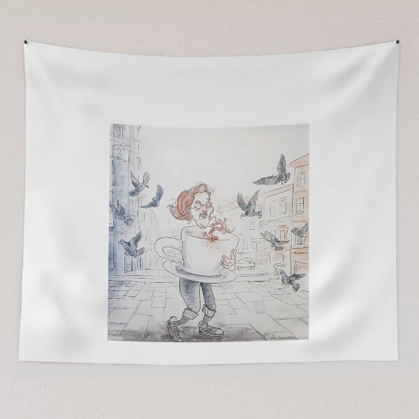 Item preview, Coffee Cup Human on the City Square – Funny Pigeon Chaos Illustration designed and sold by The Mystic Richard.