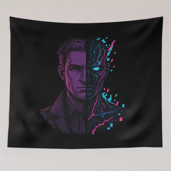Item preview, Human vs AI Doppelgänger – Split Cyberpunk Portrait designed and sold by AddictiveDesign.