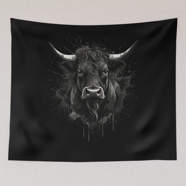 Item preview, Dramatic Heilan’ Coo Head | Black Ink Splatter Coo Portrait Art designed and sold by Loom on the Loch.