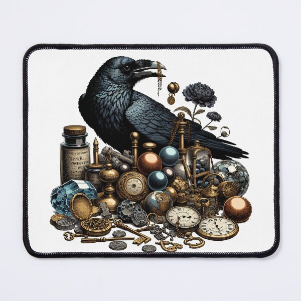 Item preview, Vintage Goblincore Raven with Shiny Treasures - The Collector designed and sold by The Mossy Library.