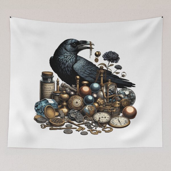 Item preview, Vintage Goblincore Raven with Shiny Treasures - The Collector designed and sold by The Mossy Library.