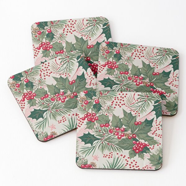 Item preview, Christmas Throw Pillow in the vintage-inspired “Holiday Berries” pattern with a pretty pink and white background, holly and pines and cherry red cranberries designed and sold by SandedollArt.
