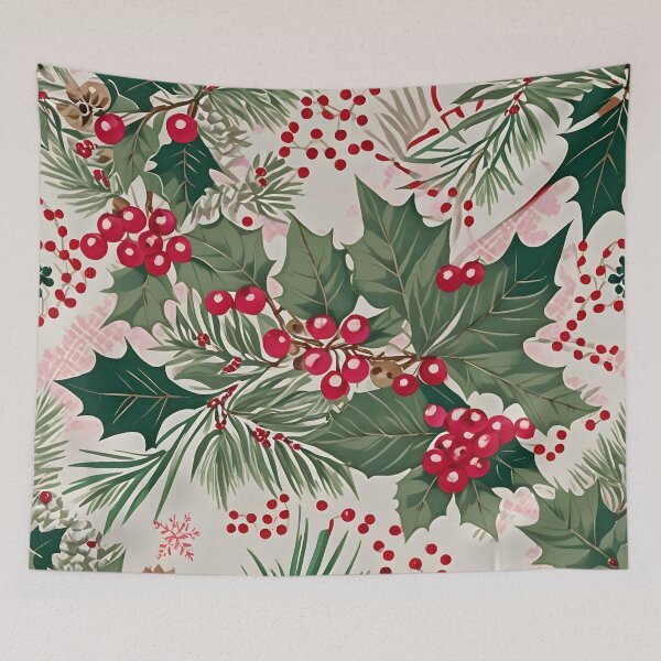 Item preview, Christmas Throw Pillow in the vintage-inspired “Holiday Berries” pattern with a pretty pink and white background, holly and pines and cherry red cranberries designed and sold by SandedollArt.