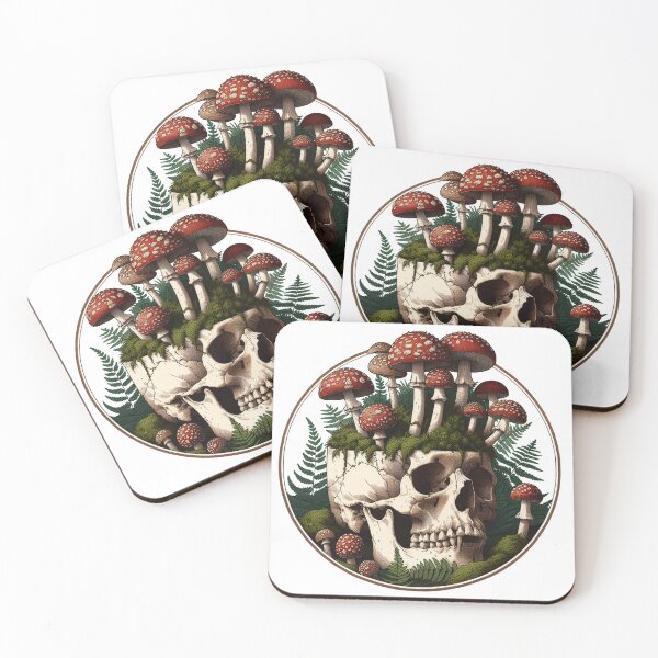 Item preview, Vintage Overgrown Skull with Amanita Mushrooms - Memento Mori designed and sold by The Mossy Library.