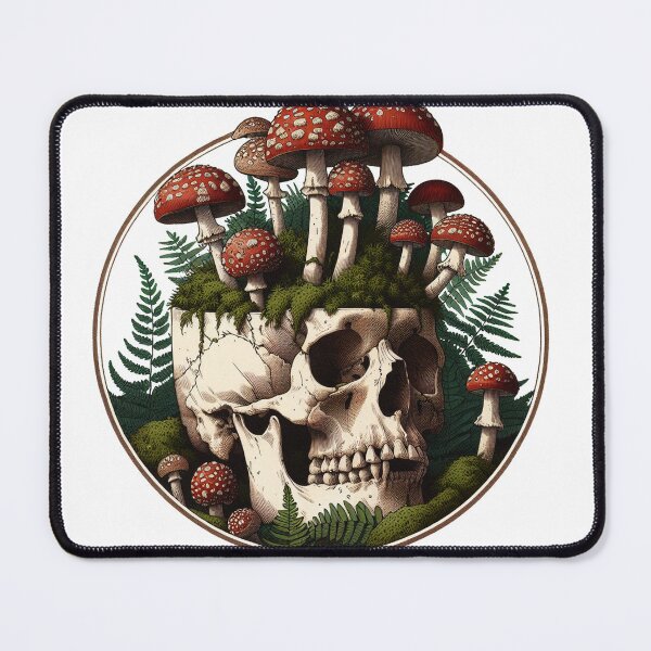 Item preview, Vintage Overgrown Skull with Amanita Mushrooms - Memento Mori designed and sold by The Mossy Library.