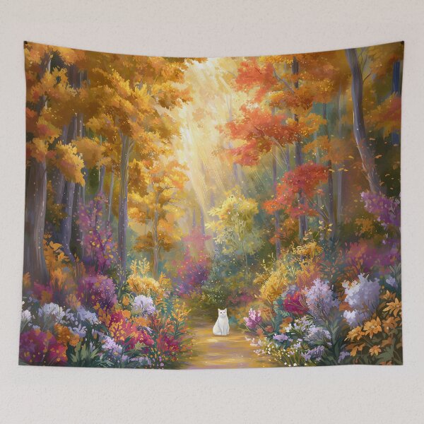Item preview, Golden Autumn Forest – Enchanted Path with White Cat designed and sold by sakurashorty.