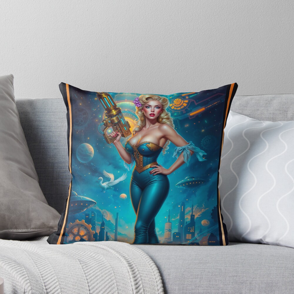 Stralina Livia Retro-Fusion Fantasy Pinup Illustration Striking AI Concept Art by Xzendor7 Decorative Art Print Throw Pillow
