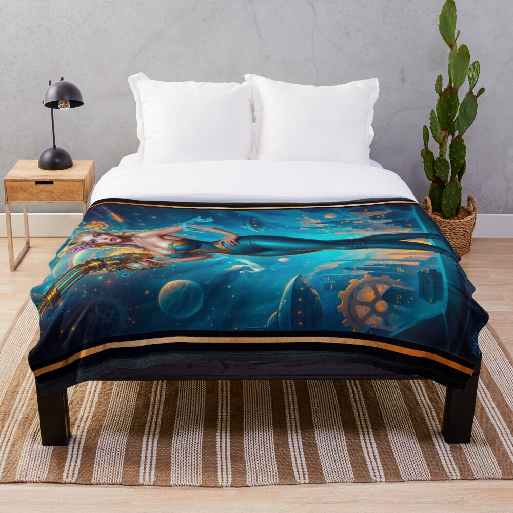 Stralina Livia Retro-Fusion Fantasy Pinup Illustration Striking AI Concept Art by Xzendor7 Decorative Art Print Throw Blanket