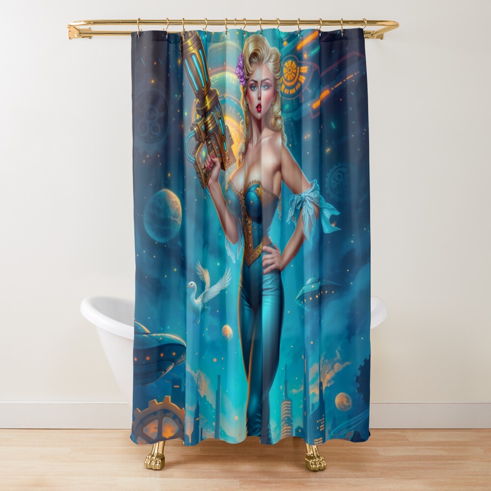 Stralina Livia Retro-Fusion Fantasy Pinup Illustration Striking AI Concept Art by Xzendor7 Decorative Art Print Shower Curtain