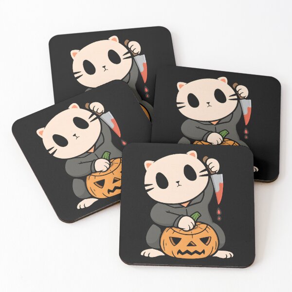 Item preview, Cute Killer Cat Halloween Chibi Spooky Kawaii Kitten with Knife and Pumpkin Horror designed and sold by DrawHandArt.