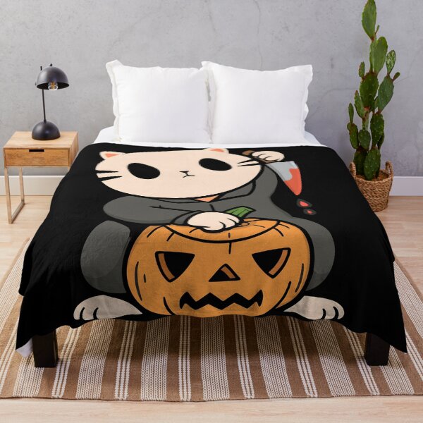Item preview, Cute Killer Cat Halloween Chibi Spooky Kawaii Kitten with Knife and Pumpkin Horror designed and sold by DrawHandArt.