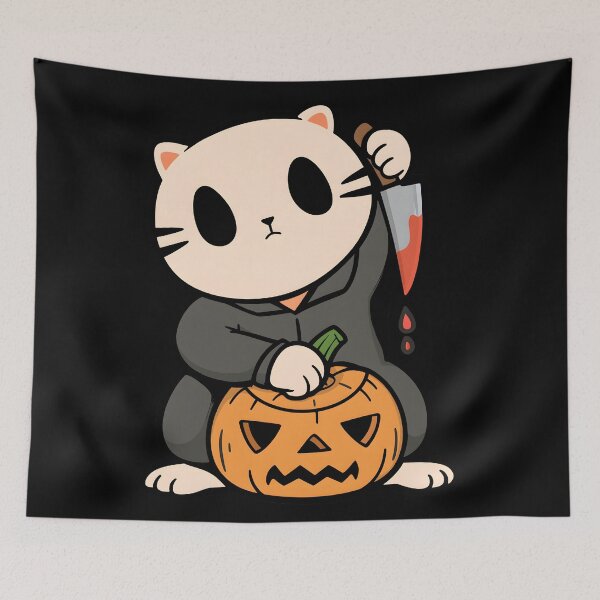 Item preview, Cute Killer Cat Halloween Chibi Spooky Kawaii Kitten with Knife and Pumpkin Horror designed and sold by DrawHandArt.