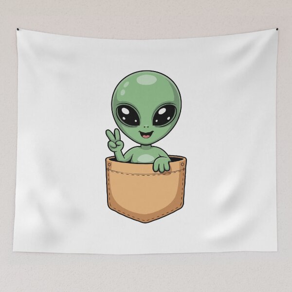 Item preview, Kawaii Pocket Alien – Cute Green Extraterrestrial Character Making Peace Sign | Adorable Sci-Fi Space Art designed and sold by BrainBubbleArt.