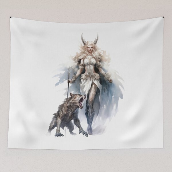 Item preview, ice warrior goddess – northern light power – wolf companion art designed and sold by Traumrausch.
