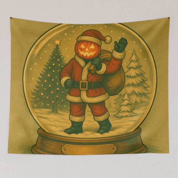 Item preview, Headless Horseman Santa in Snow Globe with Christmas Trees: Retro Holiday Art designed and sold by TheHorsemanRidesAgain.